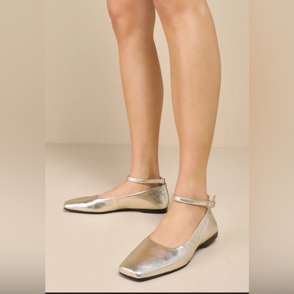 Vagabond Delia ballet-style Metallic Leather Square Toe Ankle Strap Flats EU38/8